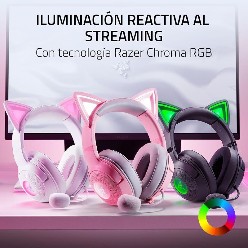 Kraken Kitty V2 - Auriculares RGB con Cable y Kitty Ears para Juegos y Streaming (325 g, transductores Triforce de 40 mm, micrófono cardioide HyperClear, Sonido Envolvente) Blanco