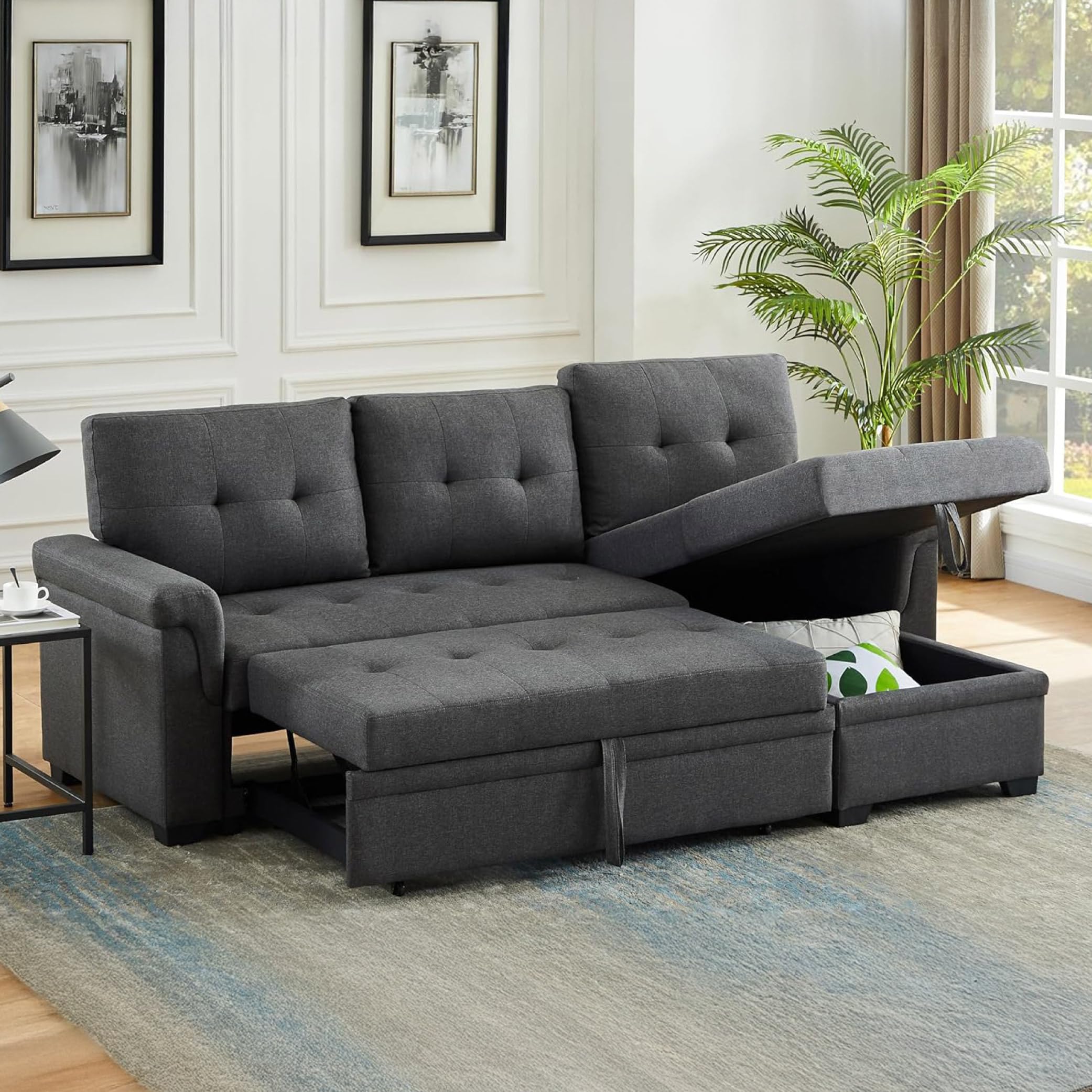 Photo 1 of Lilola Home Convertible Sectional Sleeper Sofa Bed 84 Inch, L Shaped Couch with Pull Out Bed, Storage Chaise, Removable Back Cushions for Living Room, Office, Linen Fabric, Dark Gray