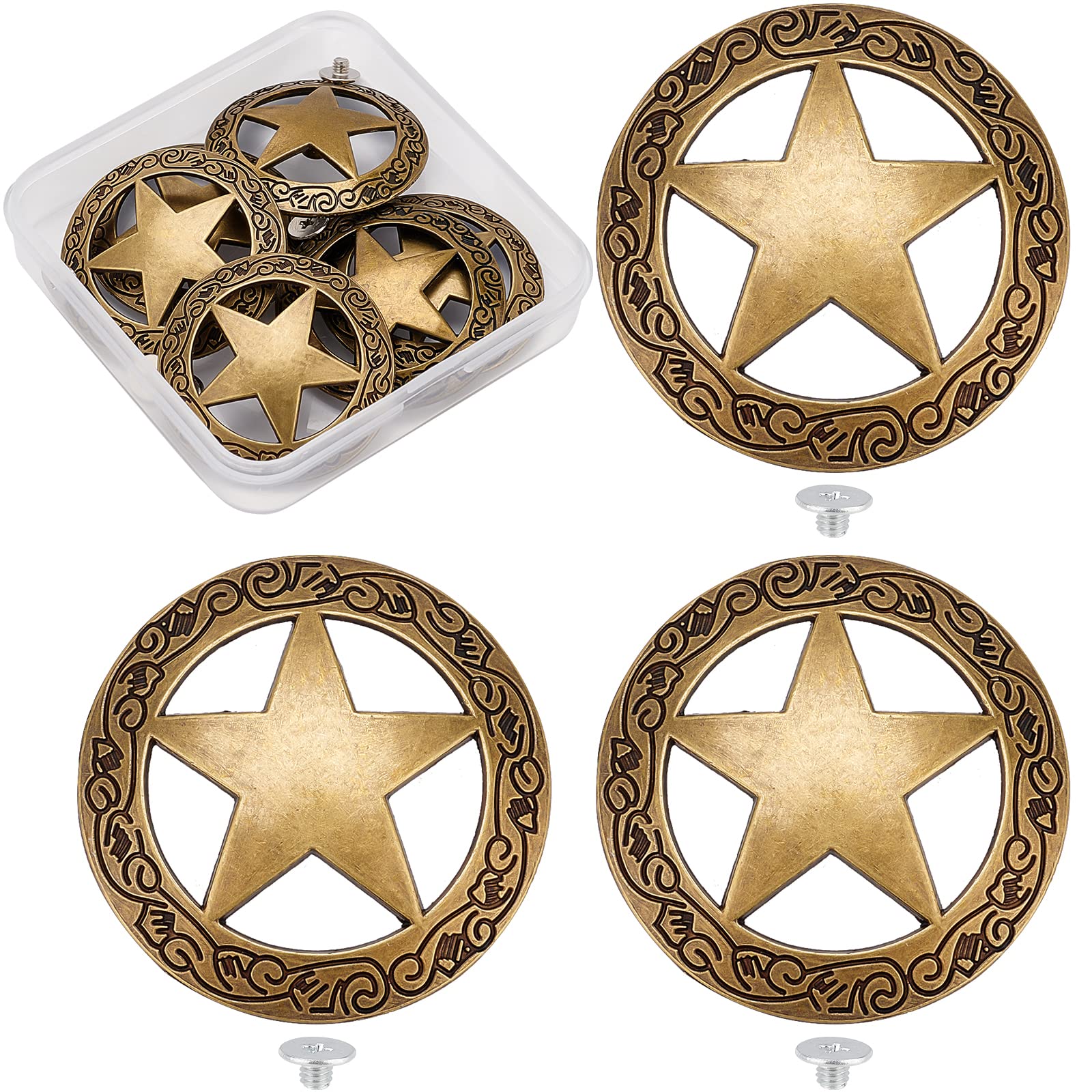 GORGECRAFT 1 Box 6 Sets Screw Back Button Engraved Star Concho Hollow Out Decorative Buttons Round Vintage Bronze Metal Tack Buckle Replacement Castings Western Rodeo DIY Leather Craft