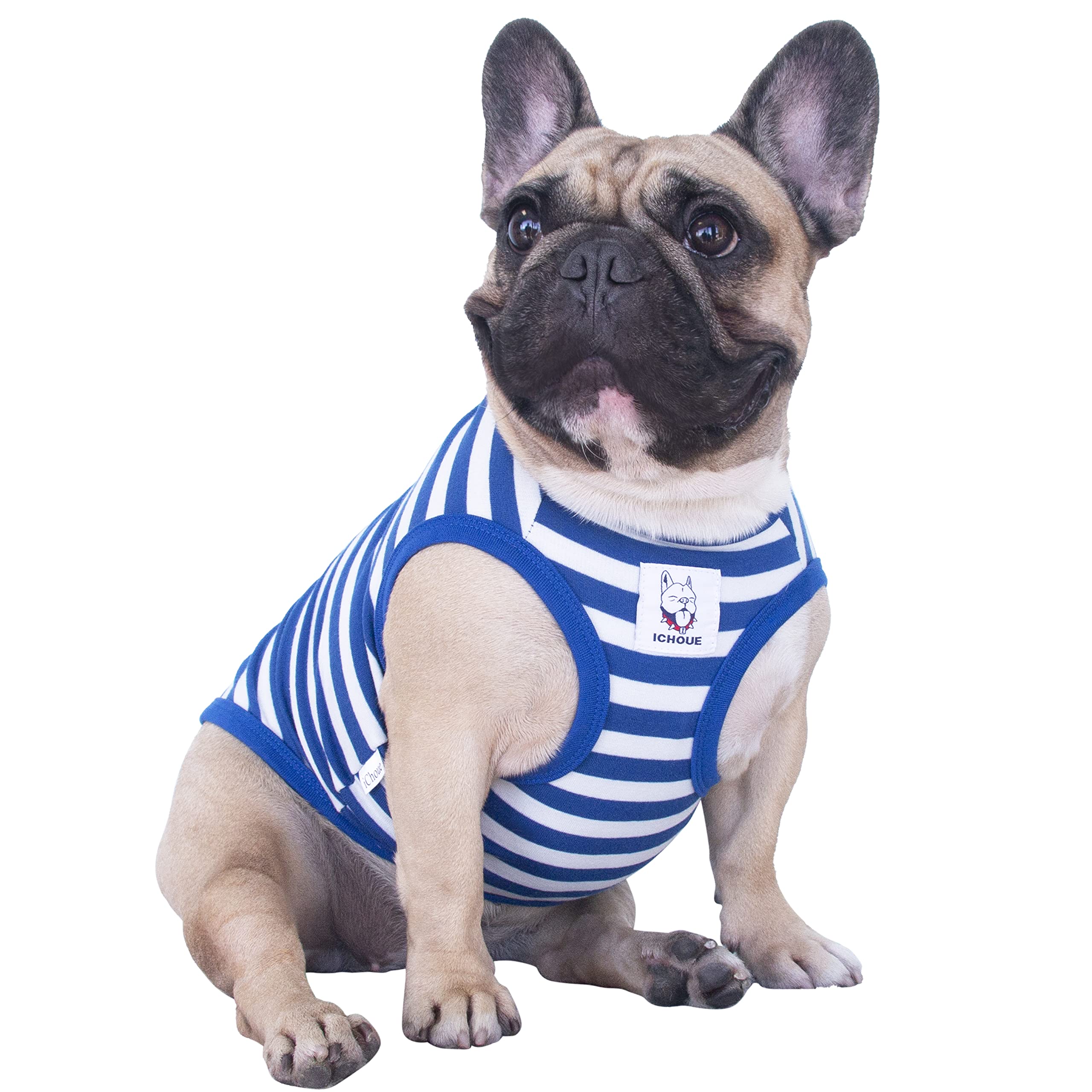 iChoue Pug Striped T Shirts Clothes for Medium Dogs Vest Tank Tops Puppy Small French Bulldog Frenchie English Boston Terrier Pitbull White Blue Strips - S โ image 1