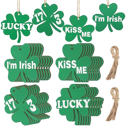 24 Pieces St. Patrick's Day Shamrocks Ornaments Shamrock Wooden Ornament Clover Hanging Ornament Shamrock Bauble for Tree Baubles Table Shelf Party Festival Decorations