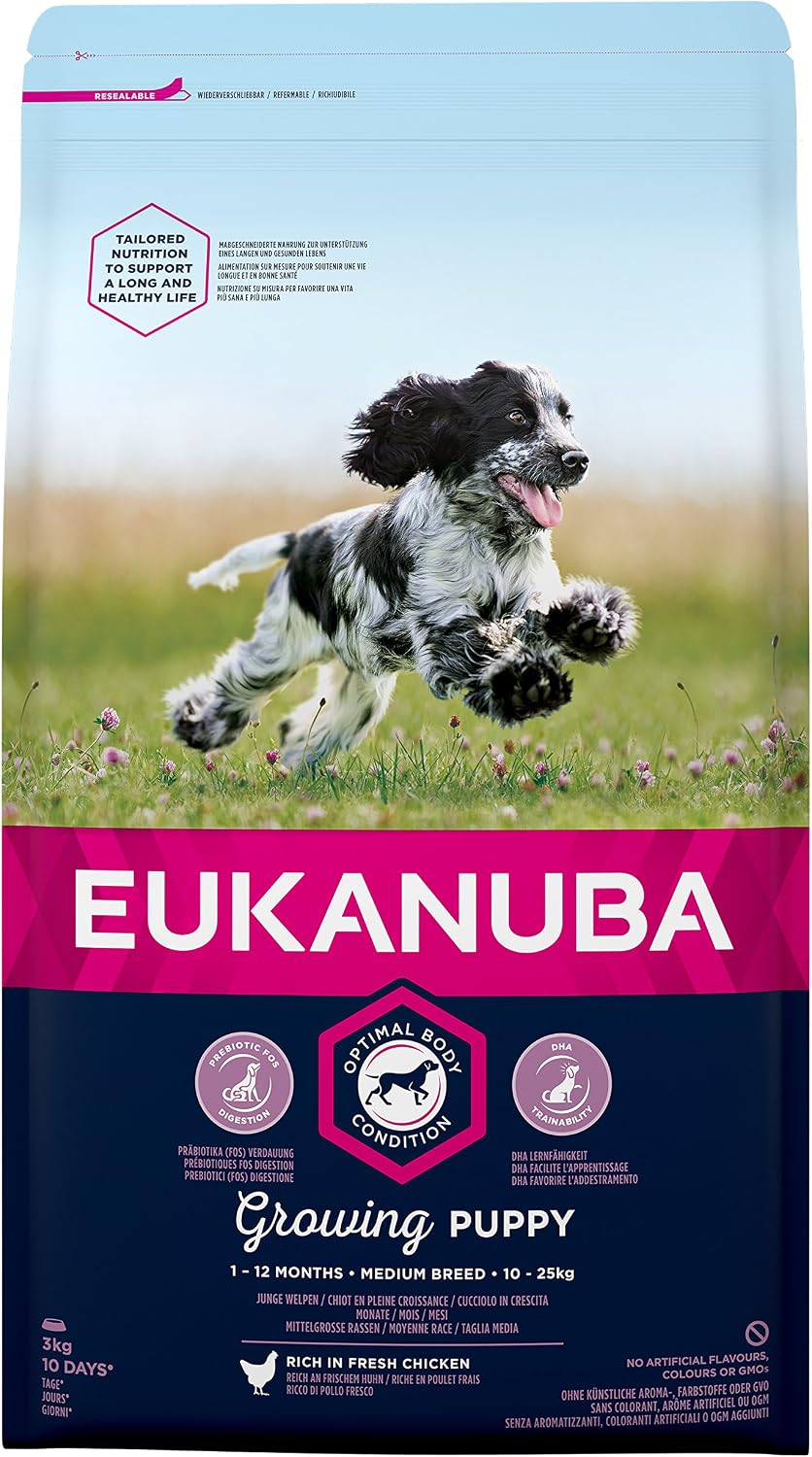 Eukanuba Complete Dry Dog Food for Puppy Medium Breeds with Fresh Chicken 3 kg, 3 kg (Pack of 1)