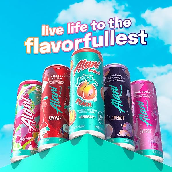 ALANI NU JUICY PEACH, SUGAR FREE, LOW CALORIE ENERGY DRINKS, 200MG CAFFEINE, BIOTIN, B VITAMINS, ZERO SUGAR, 10 CALORIES, 12 FL OZ CANS, 12 PACK