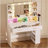 COMHOMA Vanity Desk with Mirror and Light, Small Makeup Vanity with Storage Drawers &amp; Power Outlet, 3 Lighting Modes &amp; Adjustable Brightness, Dressing Table for Women Girls Bedroom, White