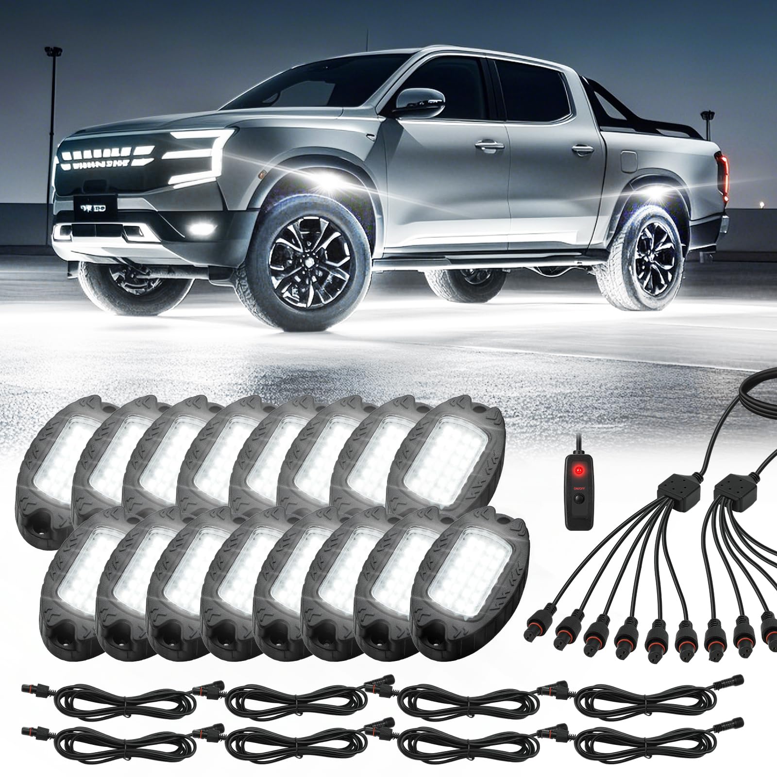 Photo 1 of 16 Pods Pure White LED Rock Lights, IP68 Waterproof Aluminum 6500K Bright White Underglow Light with Extension Cord Harness,12V Metal Fender Lights for Trucks Off Road UTV ATV Car Golf Trailer Etc