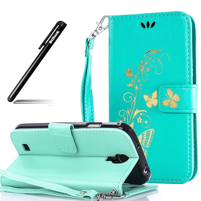 Galaxy S4 Hülle,BtDuck PU Leder Gold Schmetterling Ultra Slim Tasche Brieftasche Dünn Weich Tasche Magnetverschluss Kartenfac