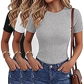 Ficerd 3 Pack Women's Ribbed T-Shirts Short Raglan Sleeve Cotton Tight Basic Tees Crewneck Slim Fit Tops Casual Summer Shirts