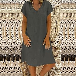 Women's Summer Cotton Linen Dress Loose V-Neck