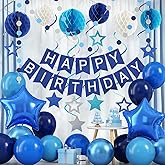 Blue Birthday Decorations, Happy Birthday Banner with Blue Balloons, Honeycomb Balls, Stars Hanging Swirl Streamers, Circle Dots Garland, Happy Birthday Party Decorations for Men Boys