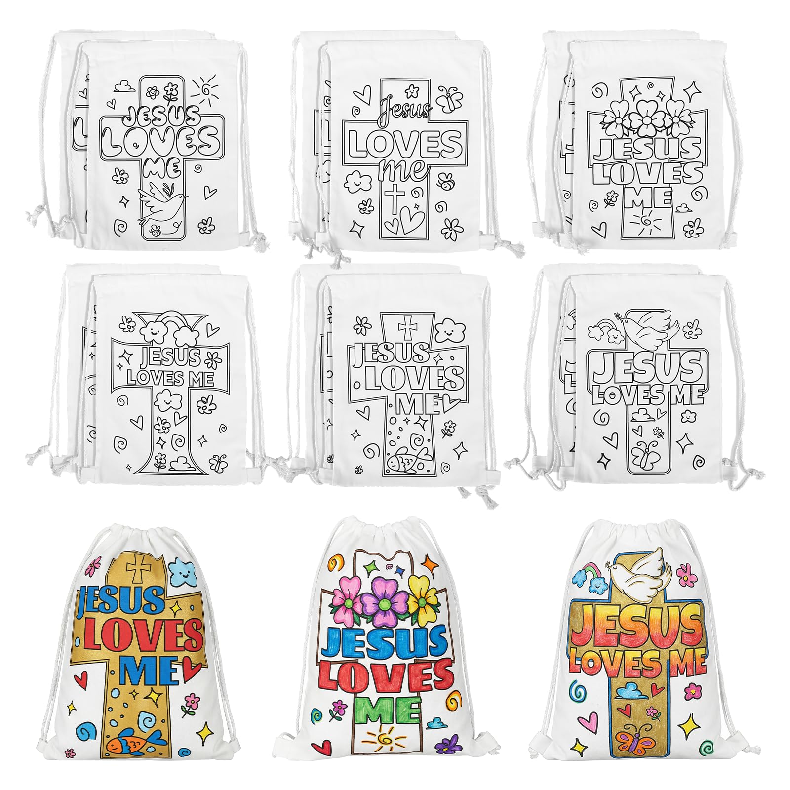 View 1 of 12 Pcs Color Your Own Jesus Loves Me Christian Gift Bags, Canvas Drawstring Bags Religious DIY Christian Gifts Bulk, Easter Basket Stuffers Coloring Crosses Backpack Cinch Bag for Sunday School Favor