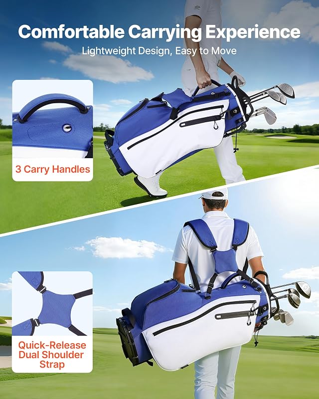 Sac de Golf pour Chariot Voiturette, Sac de Clubs de Golf Trépied 7 Compartiments Supérieurs, pour Golfette Golfeurs, avec Séparateur sur Toute la Longueur, Double Bandoulière et Housse de Pluie