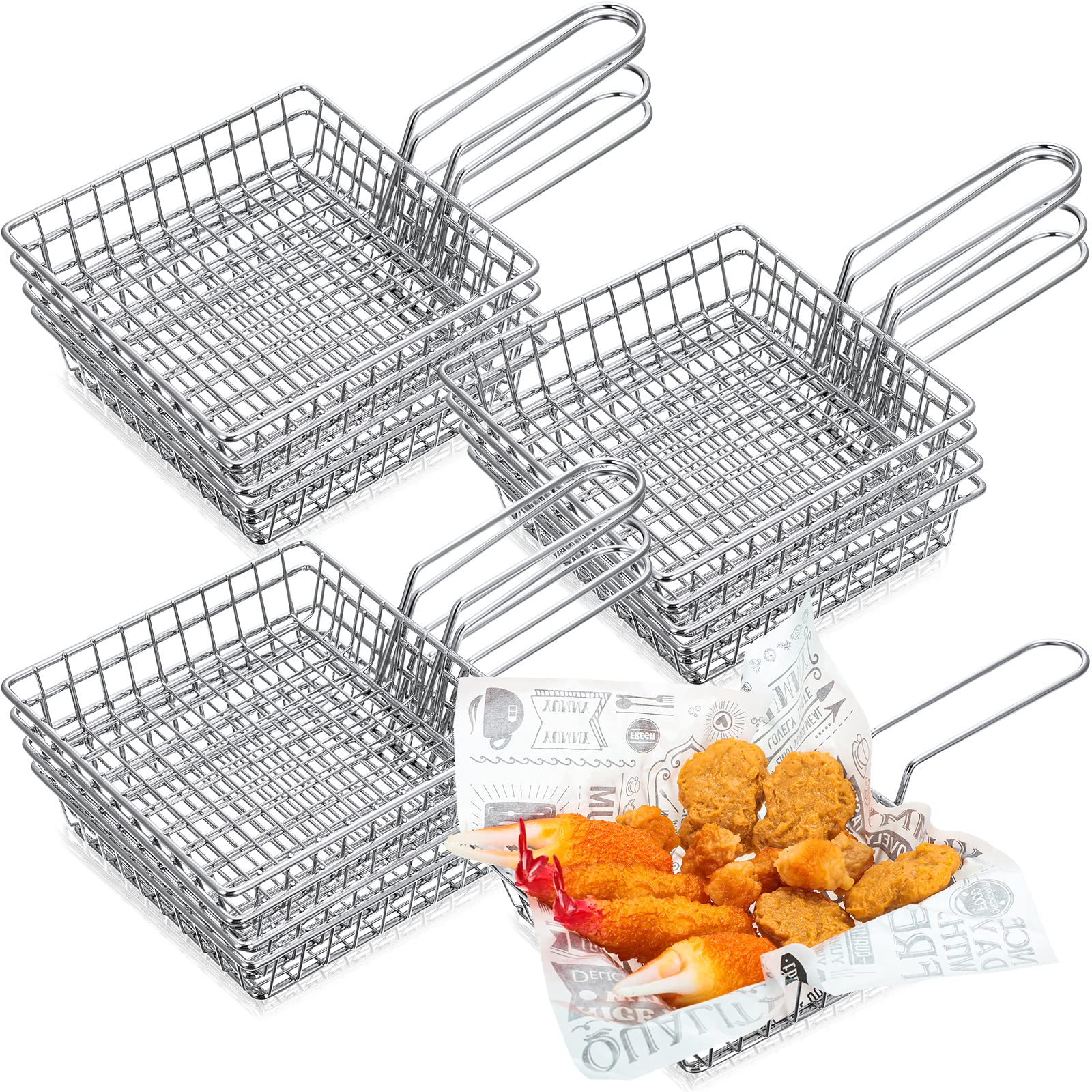 12 Pieces Mini Square Fry Baskets, 5.9 x 5.9 Inch french fries Basket, Chrome Steel Shallow Fried Food Filter Holder for Kitchen Restaurant Party Barbecue Table Food Serving