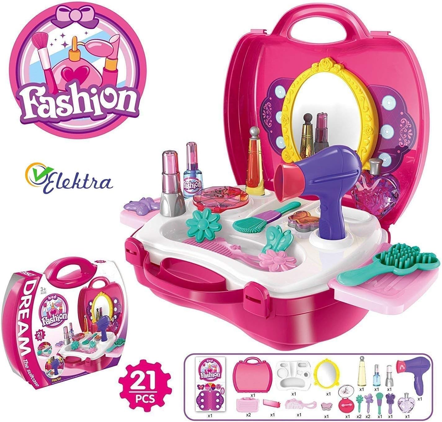 Glory Trading Beauty Make Up Case and Cosmetic Toy Beauty Set Suitcase, Durable Plastic Kit Hair Salon with 21 Pieces Makeup Accessories for Girls Children