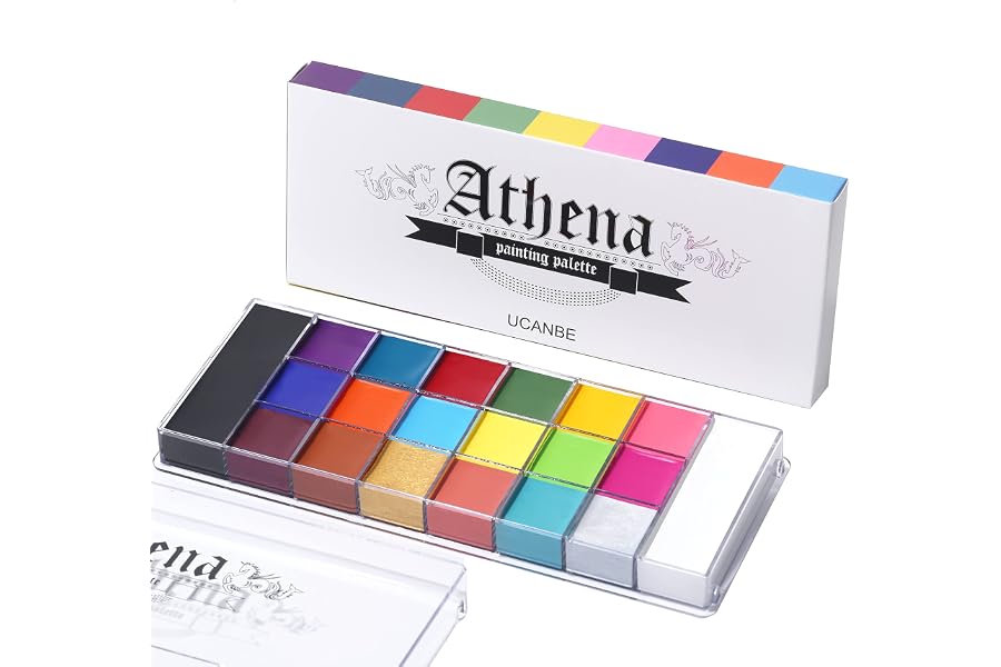 UCANBE Athena Face Body Paint Oil Palette, 20 Colors Large Black White Professional Flash Tattoo Halloween SFX Party Artist Costume Festival Stage Cosplay Full Size Makeup Painting Kit 168g
