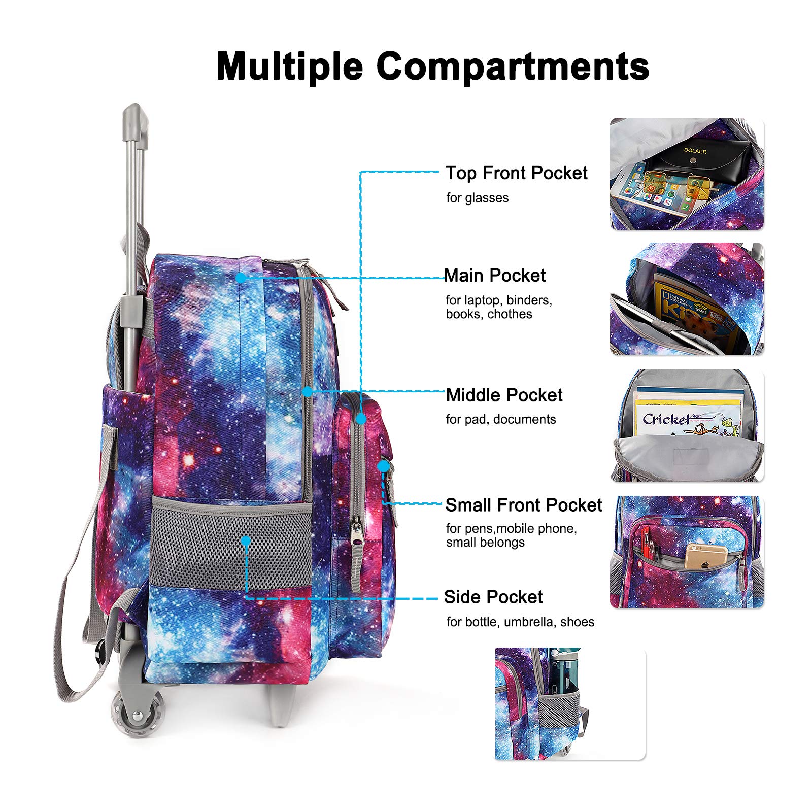 Rolling Backpack 18 inch Double Handle Wheeled Laptop Boys Girls Travel School Children Luggage Toddler Trip, Galaxy