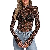 Womens Floral Mesh Long Sleeve Tops Mock Neck Sheer Lace Undershirt with Thumb Hole 2025 Trendy Shirts