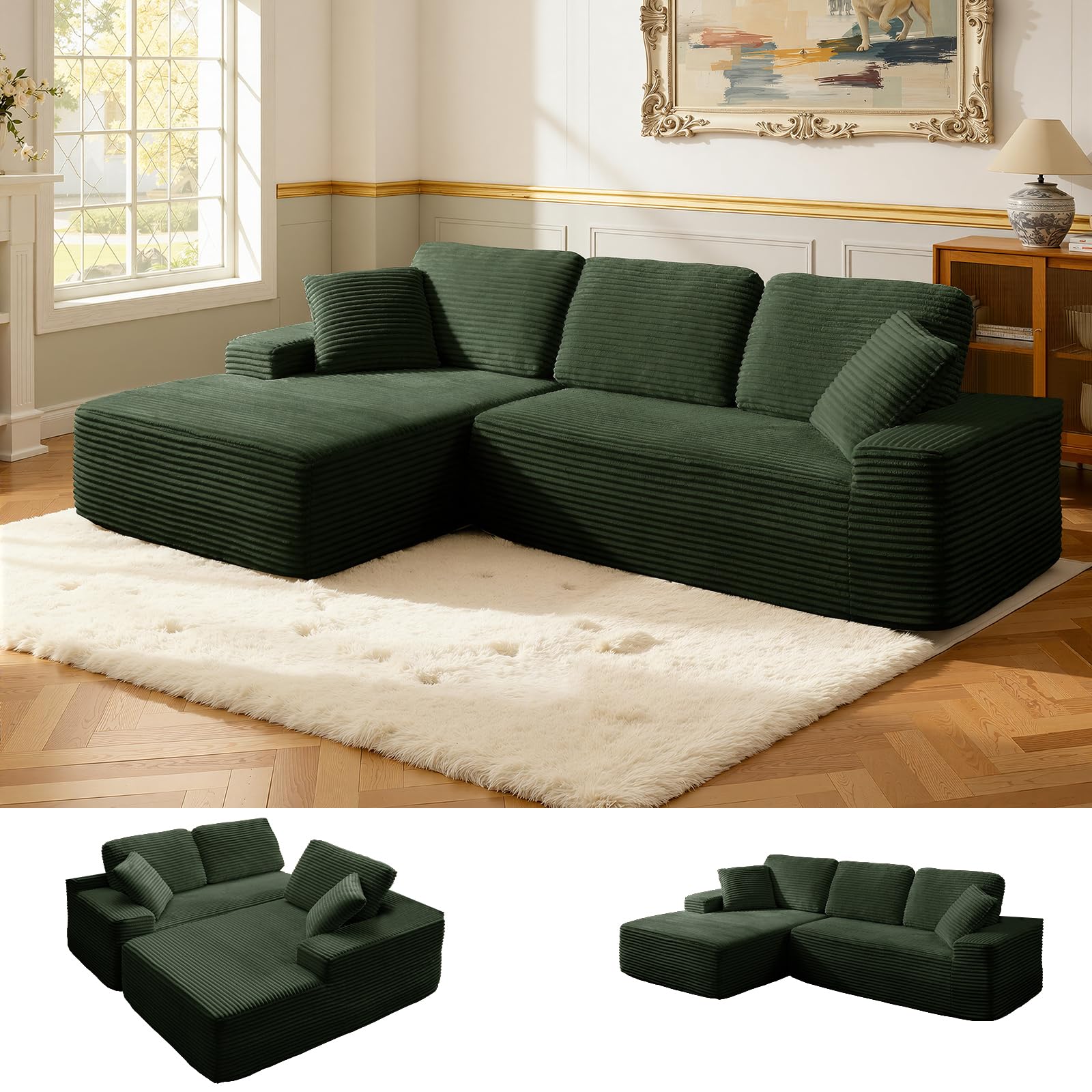 Photo 1 of 109.4” Modular Sectional Sofa, Convertible Sofa Bed, No Assembly Required Cloud Couch with Deep Seat, Modern L-Shaped Boneless Sofa for Living Room (Green)