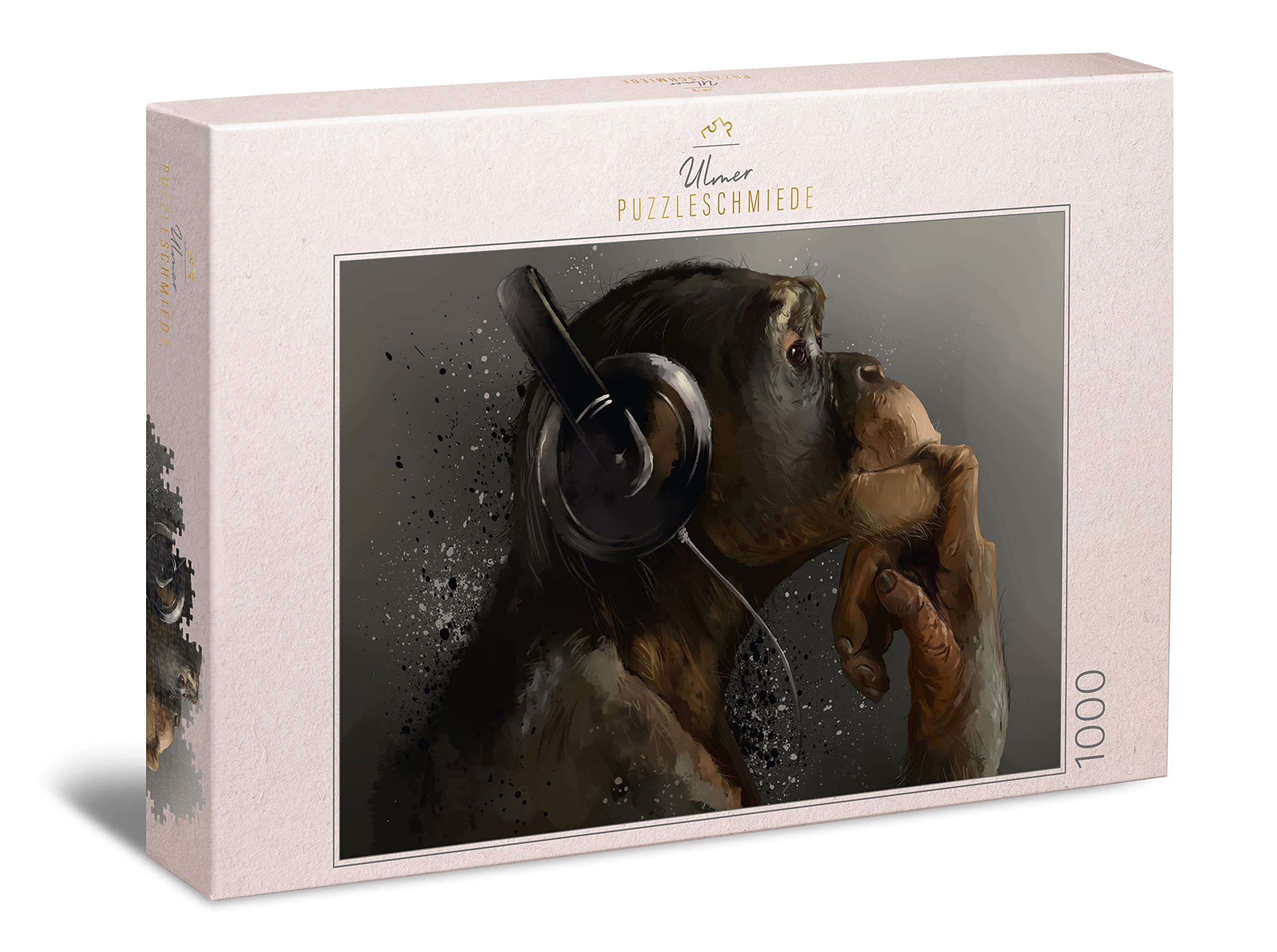 Ulmer Puzzleschmiede - Puzzle "Sound of Evolution": 1000 pieces jigsaw puzzle - artistic monkey motif of a chimpanzee listening to music
