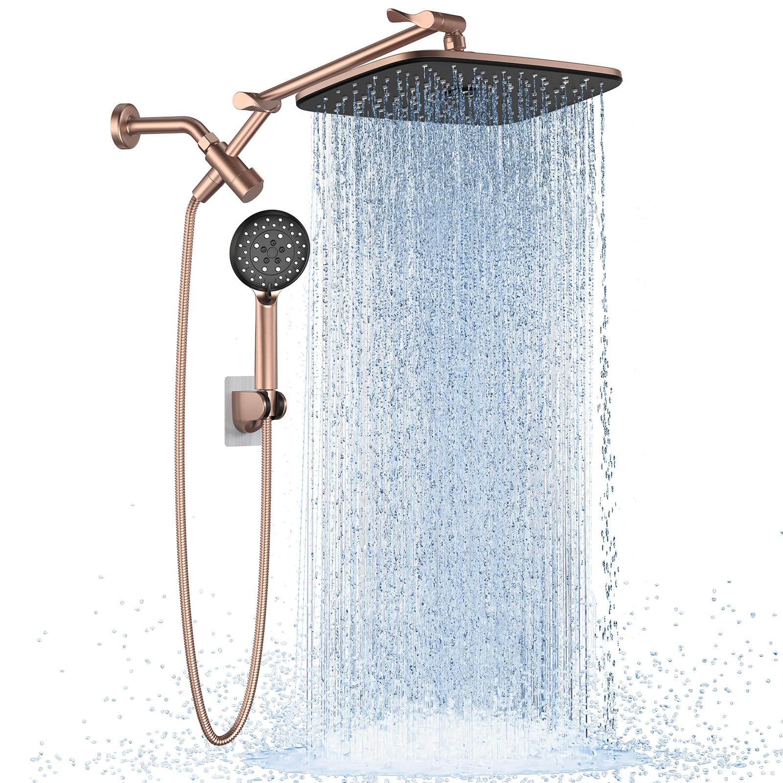 Veken 11.8" Rain Shower Head with Handheld, High Pressure Handheld Shower with Multi Spray Modes, Rainfall Combo with Metal Extension Arm, Detachable Dual Showerhead, Bathroom Decor, Rose Gold Image