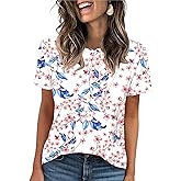 LOMON Womens Summer Tops 2025 Crew Neck Short Sleeve Pleated Tops Blouses Spring Fashion