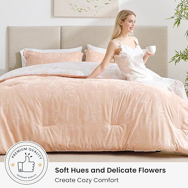 LOVE’S CABIN PINK QUEEN COMFORTER SET – QUEEN SIZE COMFORTER SET, 3 PIECES CUTE FLORAL BEDDING SETS FOR ALL SEASONS,1 SOFT REVERSIBLE BOTANICAL FLOWERS COMFORTER AND 2 PILLOW SHAMS