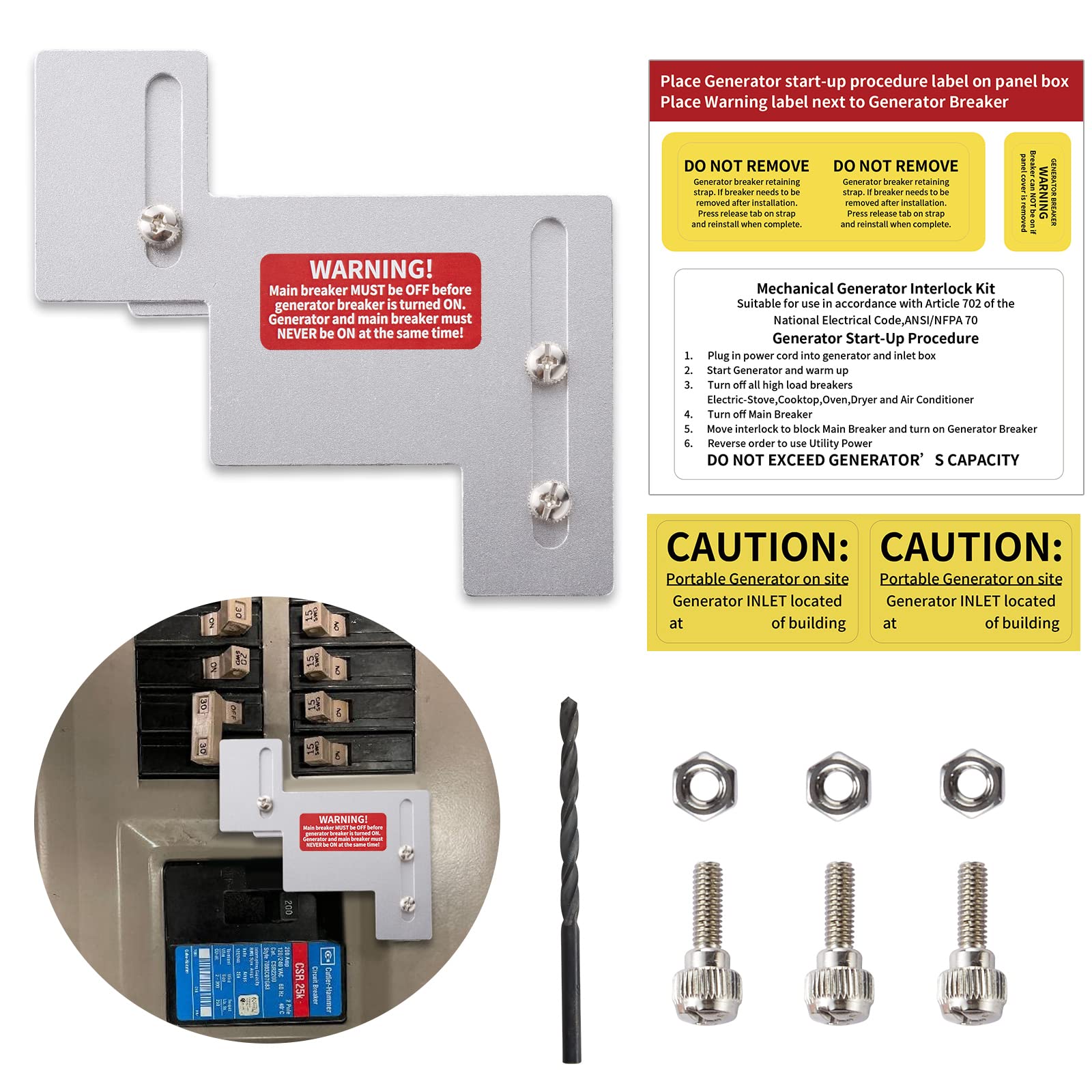 Generator Interlock Kit For Eaton / Cutler Hammer BR Series 100 Amp Main Panels