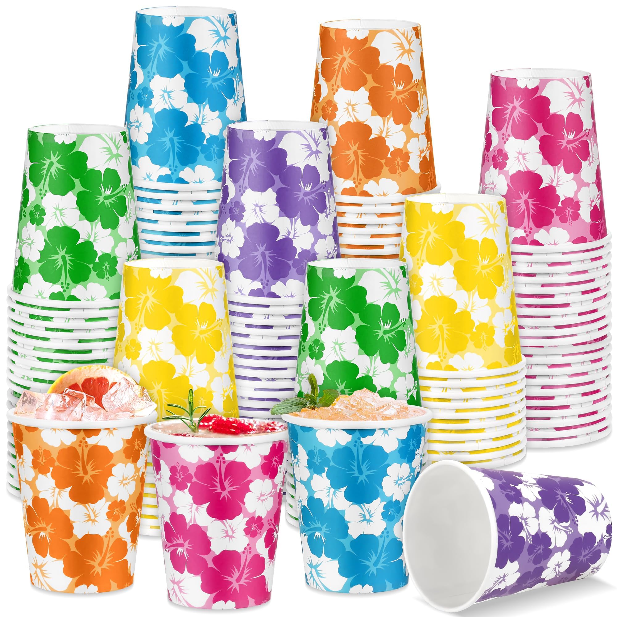 Photo 1 of Kochorie 120 Pack Hawaii Hibiscus Disposable Drinking Cups Tropical Luau 9 Oz Tiki Summer Party Supplies Drinkware Hawaii Aloha Cups Party Decorations Pool Beach Supplies, 6 Colors