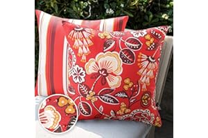 Phantoscope Pack of 2 Outdoor Indoor Throw Decorative Pillow Cover Decorative Waterproof Striped Floral Patio Pillows Cushion Case for Couch Tent Park, Red, 18 x 18 Inches