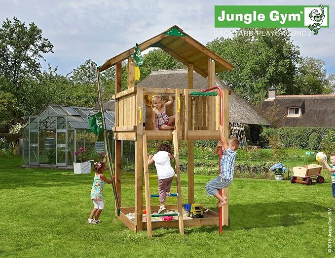 Spielturm Jungle Cabin - Set mit Feuerwehrstange Sandkasten Kletterturm - Jungle Gym (inkl. Holzpaket)