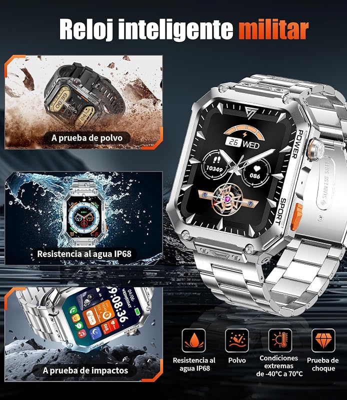 Reloj Inteligente Hombre con Gran Pantalla HD de 2,01" y 2 Correas, Llamadas Bluetooth, Frecuencia Cardíaca 24H, 120+ Modos Deportivos, IP68, Compatible con Android e iOS, EF2-M — foto 7 de 7