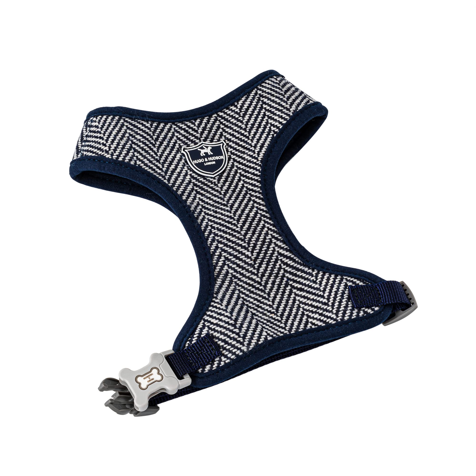 HUGO & HUDSON Tweed Dog Harness No Pull Adjustable Rear Buckle Vest, Navy Herringbone, M