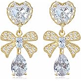 Austrian Crystal Heart Teardrop Bowknot Drop Dangle Stud Earrings for Women 14K White Gold Plated Hypoallergenic Jewelry Gifts for Women