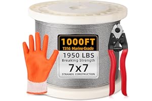 (1000ft) T316 Stainless Steel Cable, 1/8" Aircraft Grade Wire for Cable Railing System, Weather Resistance 7x7 Strands 1/8 in
