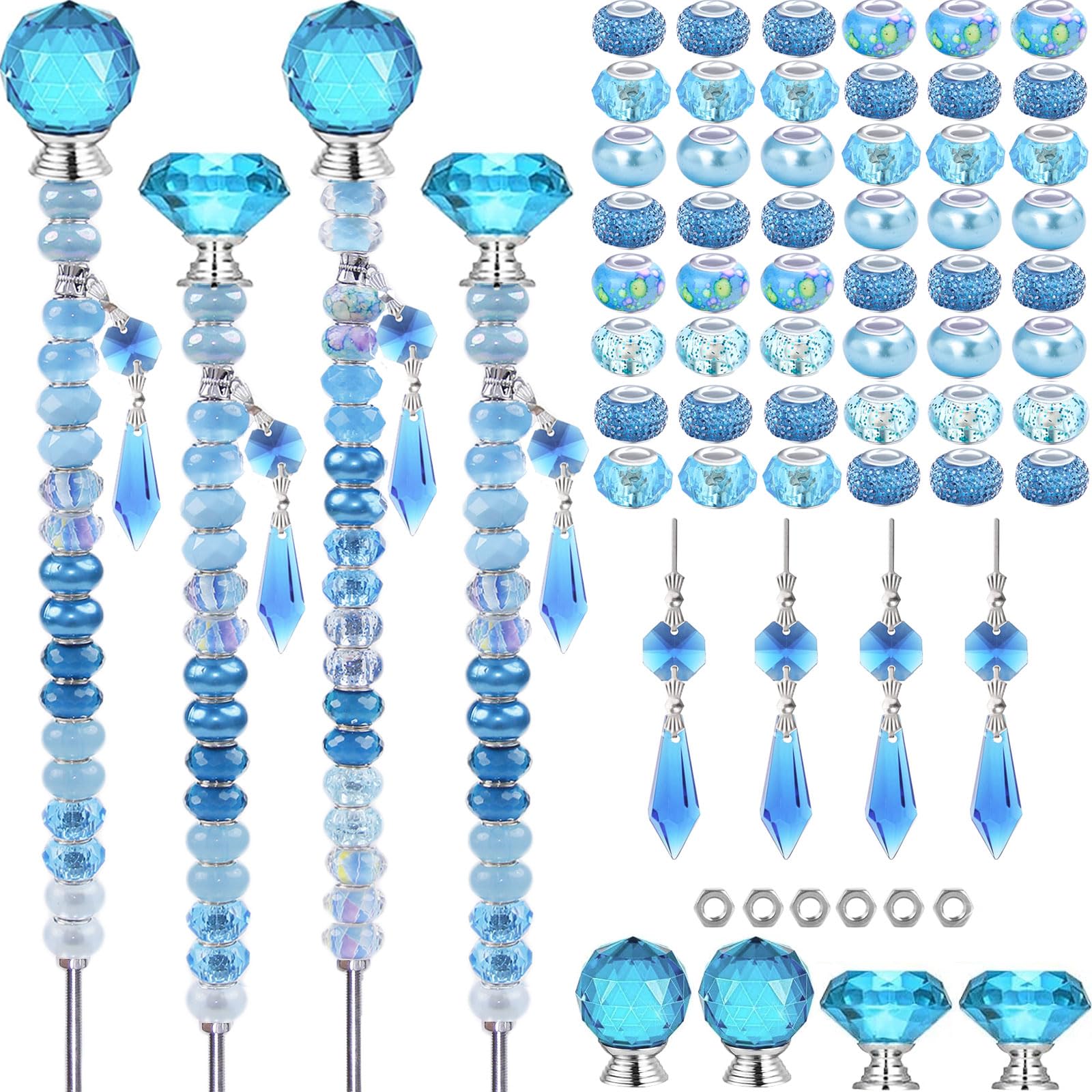 View 1 of 121 Pcs DIY Fairy Wand Beaded Garden Stakes Kit, Fairy Wands Garden Kit Blue Large Hole Bead with Sparkling Pendants Crystal Stopper Top Threaded Rod Beaded Garden Stakes Supplies Outdoor Decorative