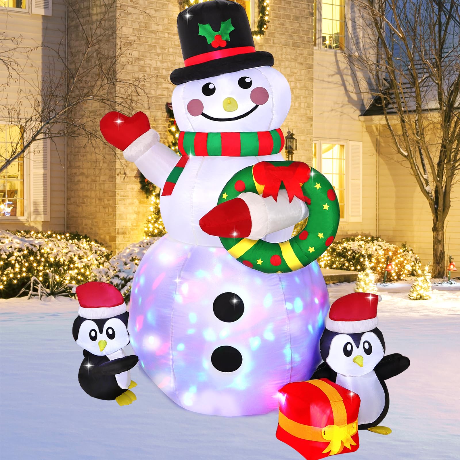 Photo 1 of ***FACTORY SEALED***LOMOHOO 6.4FT Christmas Inflatable Snowman Penguin Waterproof Blow Up Snowman with Wreath Cheerful Waving Build-in Rotating LED Light Xmas Outdoor Decor for Yard Lawn Porch Holiday Party (Waving)