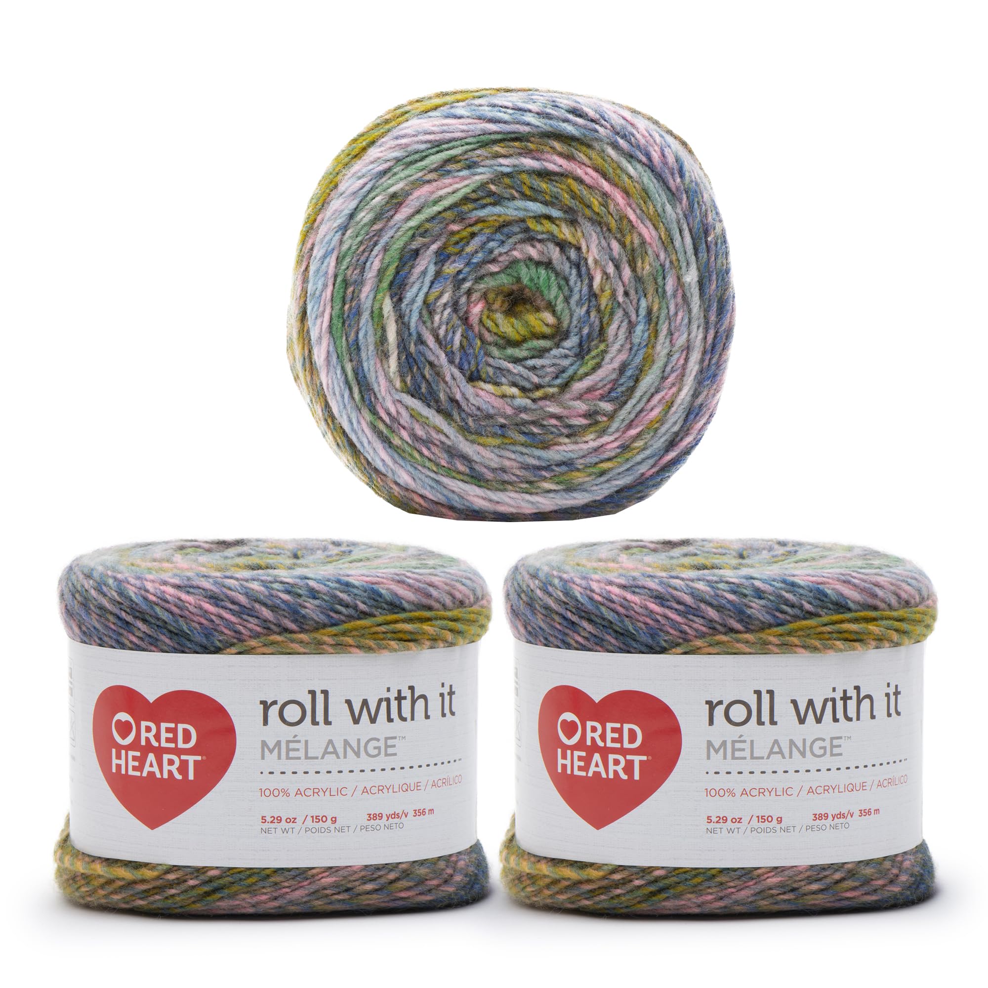 Red Heart Roll with It Melange Yarn, 3 Pack, Green Room 3 Count