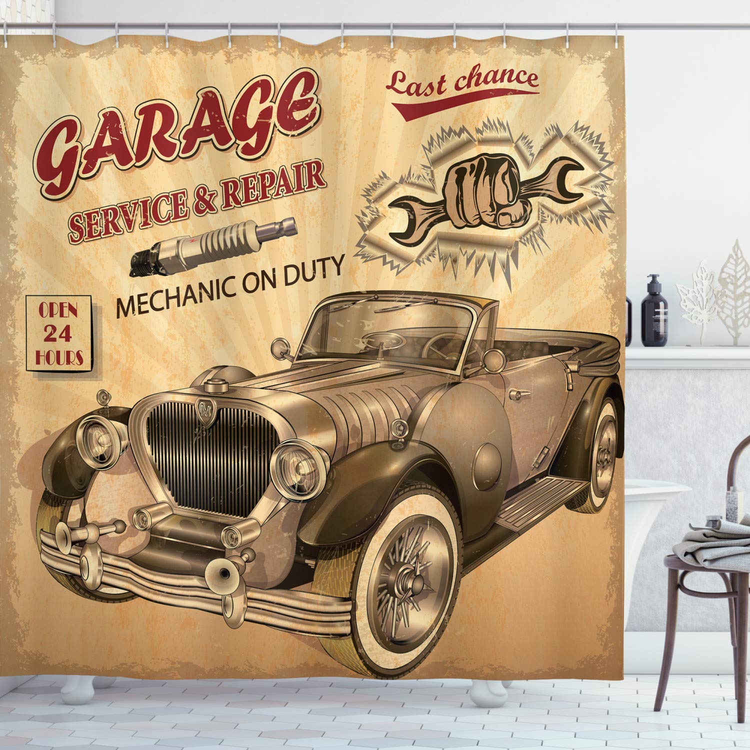 ABAKUHAUS Vintage Shower Curtain, Nostalgic Car Garage Service and Repair Store Phrase Dated Faded Print, Cloth Fabric Bathroom Decor Set with Hooks, 94 Inches, Sepia Red