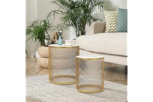kevinplus Modern Nesting Side Table End Table Set of 2 for Living Room, Carved and Hollow Metal Coffee Table Nesting Tables Decorative Round Nightstand for Bedroom, No Assembling, Gold and White