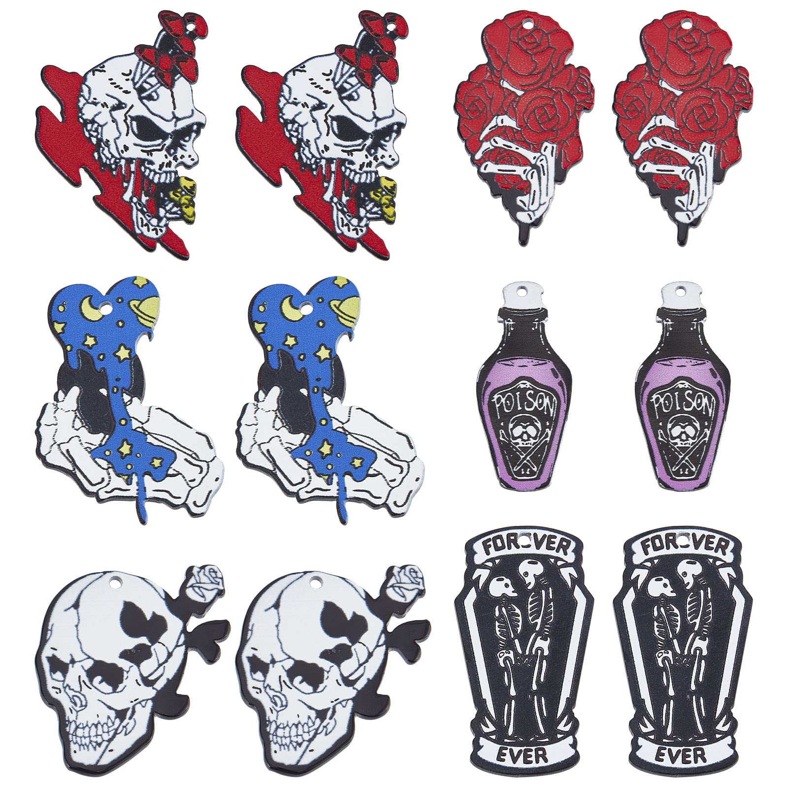 SUNNYCLUE 1 Box 12Pcs Gothic Style Skull Charms Skeleton Head Charm Acrylic Coffin Mushroom Rose Flower Charms Horror Flat Back Charms for Jewellery Making Charm Halloween Earrings Necklace DIY Craft