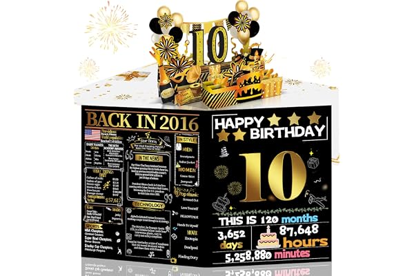 Joycard 10th Birthday Card for Girl Boy, 3D Pop Up Happy Birthday Gift for Daughter Son, Funny 10 Year Old Birthday Decorations for Grandson Granddaughter, Back in 2016 Laser Gold Retro Theme