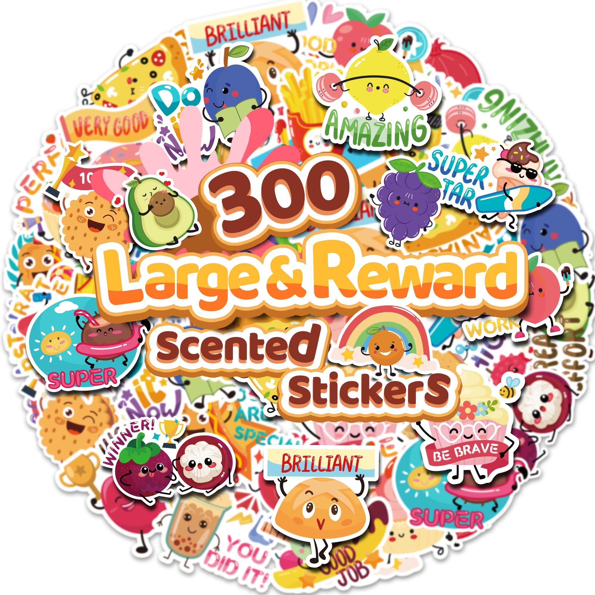 Photo 1 of 300PCS Large Scratch and Sniff Scented Stickers for Kids, Incentive Smelly Summer Sticker, Motivational for Kids, Bigger Reward Stickers for Student Classroom Must Haves School Supplies