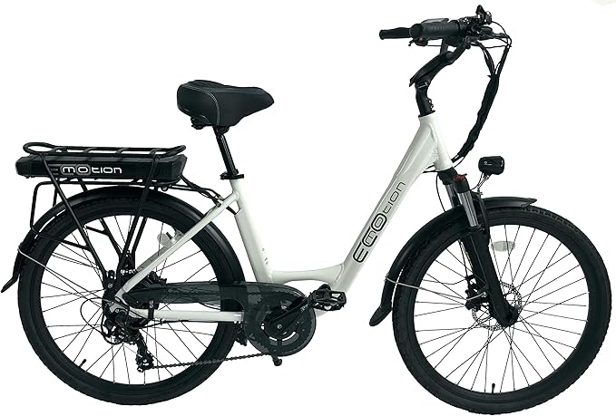 Ecomotion-City eBike | 26" Step Through Electric Bike, 350W 468Wh, Hydraulic Brakes, Suspension Fork W/Lock, Adjustable Handlebar, 7 Gears, F&R Lights, Electric Horn, Fenders, Throttle, LCD