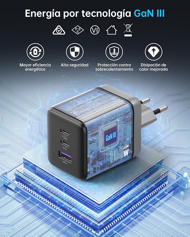 Carregador NOVOO USB C, carregador de 100 W com cabo USB-C PD, GAN 3 portas rápidas para MacBook Pro, DELL XPS 13, iPad Pro, iPhone, Galaxy S24 Ultra
