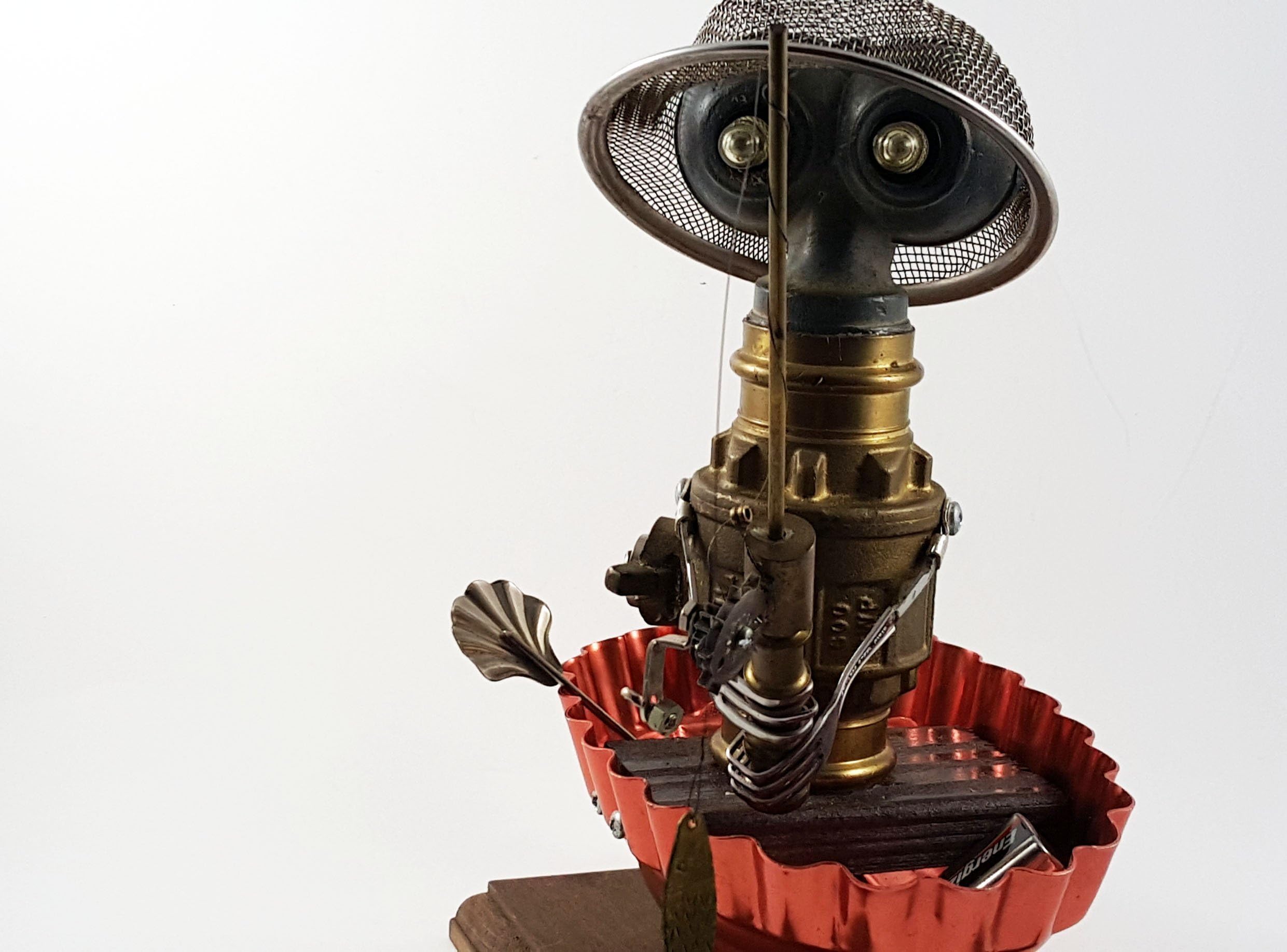 Mixed Media Assemblage Sculpture Whimsical Fisherman in Boat with Motor Paddle Lighted Eyes and Fishing Pole with Fish Steampunk Gift