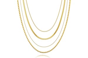 Tewiky Layered Necklaces for Women Non Tarnish- Chunky 14k Gold Plated Herringbone/Snake/Rope/Box/Cuban Link Chain for Women Waterproof Layering Stack Choker Necklace Trendy Dainty Tarnish Free Jewelry Set