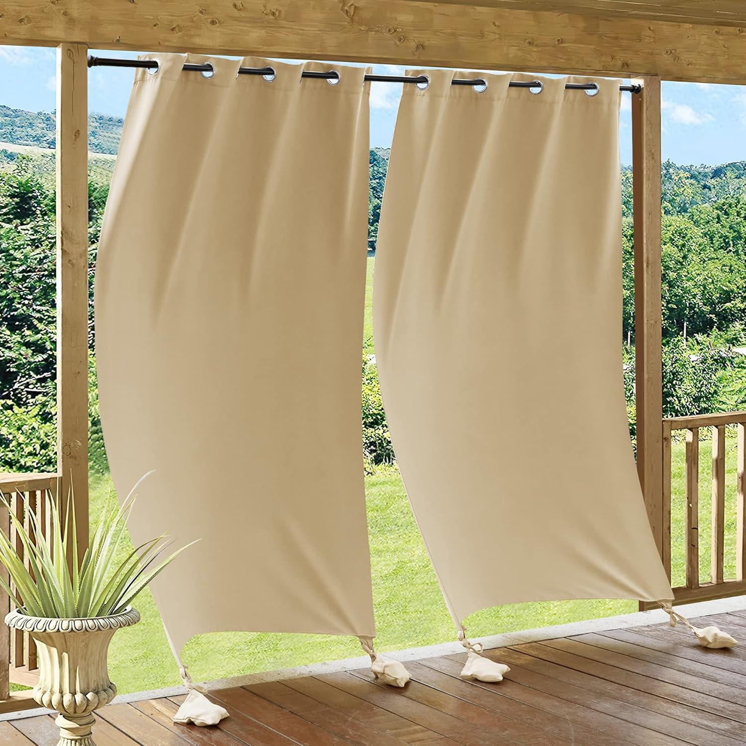 Outdoor Curtains - RYB HOME Windproof Outdoor Curtains - Weighted Bags Included Water Resist Outside Draperies Privacy Blackout for Patio, Outside Shower, Screen Porch, Pavilion, W 52 x L 108 inch, 2 Pcs, Beige