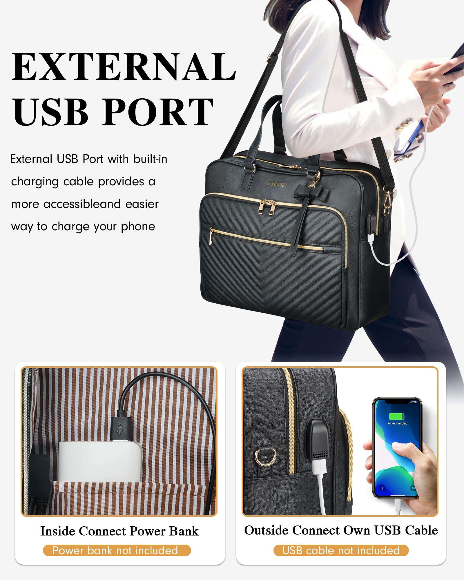 Taygeer 17 Inch Laptop Bag for Women, Large Convertible Quilted Briefcase Backpack with USB Port, Waterproof Leather Work Tote Bags, Professional Shoulder Computer Handbags for Office Business, Black