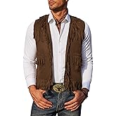 COOFANDY Men's Western Cowboy Vest Casual Fringe Hippie Costume V Neck Zipper Suede Leather Waistcoat