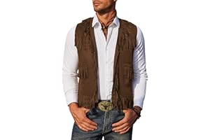 COOFANDY Men's Western Cowboy Vest Casual Fringe Hippie Costume V Neck Zipper Suede Leather Waistcoat