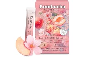 KKOKDAM Kombucha Tea - Peach & Cherryblossom Korean Tea - Kombucha Drinks Probiotic Support, Low Calorie, Sugar Free Kombucha Pack - 15 Packs